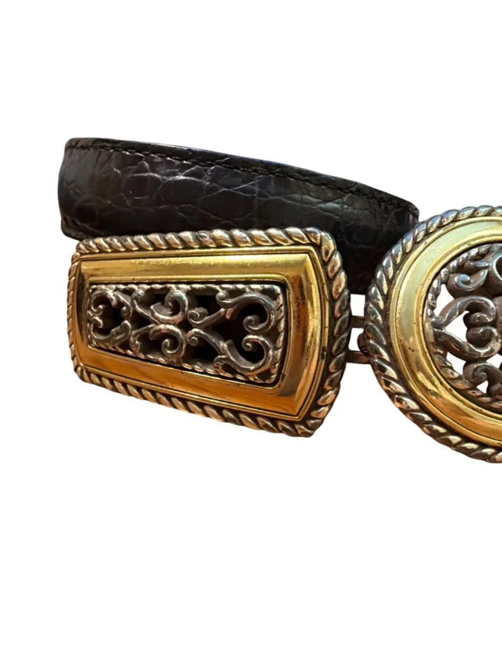 Vtg Brighton Reversible Belt Black Brown Croc Embossed Leather Gold Silver 25